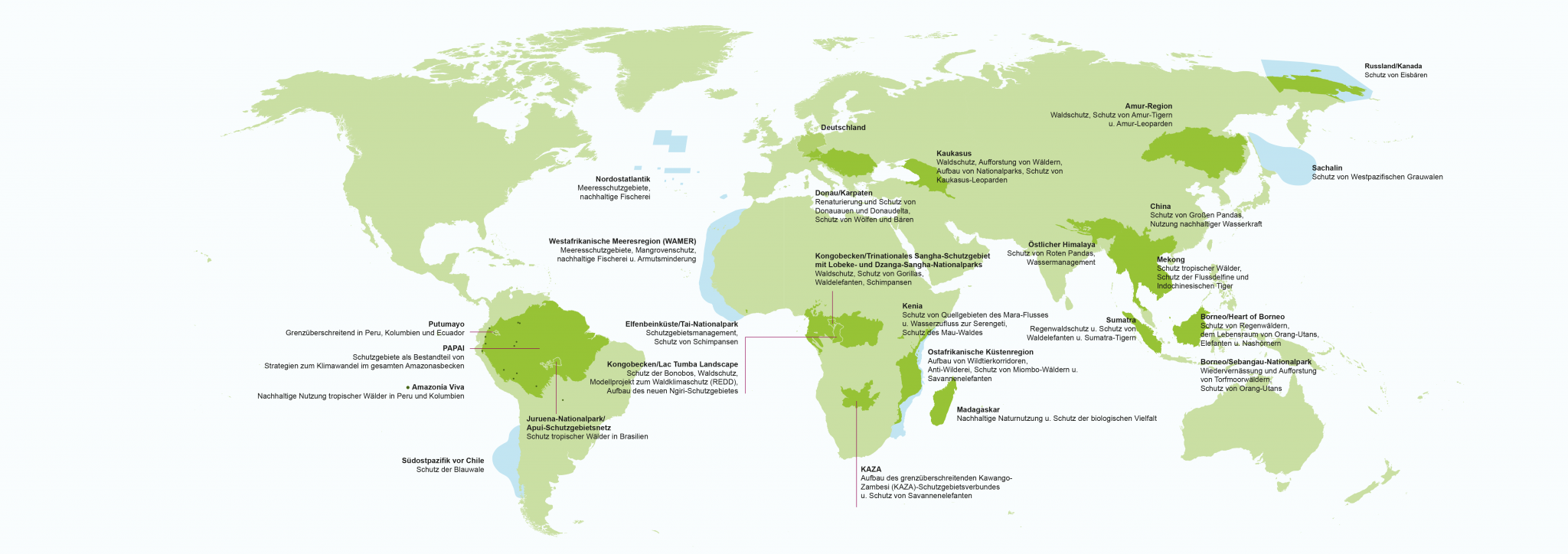 Jahresbericht Naturschutz Weltkarte Projektgebiete des WWF Deutschland
