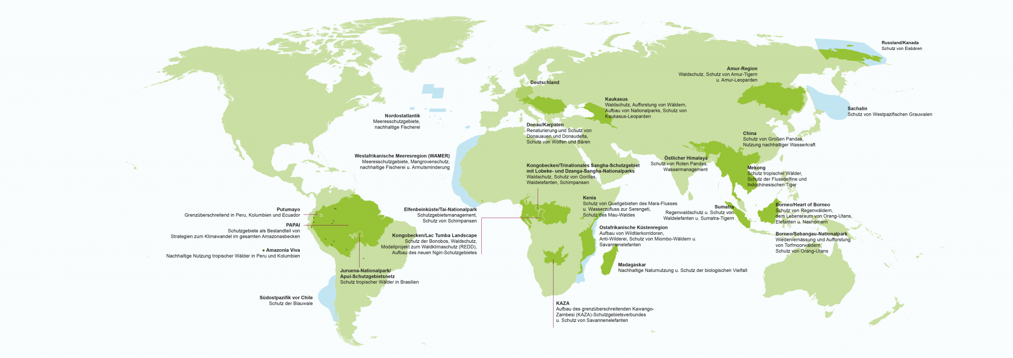 Jahresbericht Naturschutz Weltkarte Projektgebiete des WWF Deutschland 