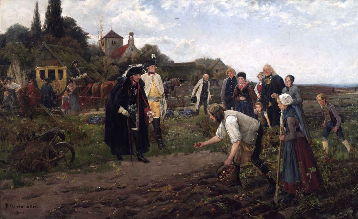 Der preußenkönig fördert die Kartoffel: Gemälde von Robert Müller (gen. Warthmüller, 1859-1895) Berlin, 1886
