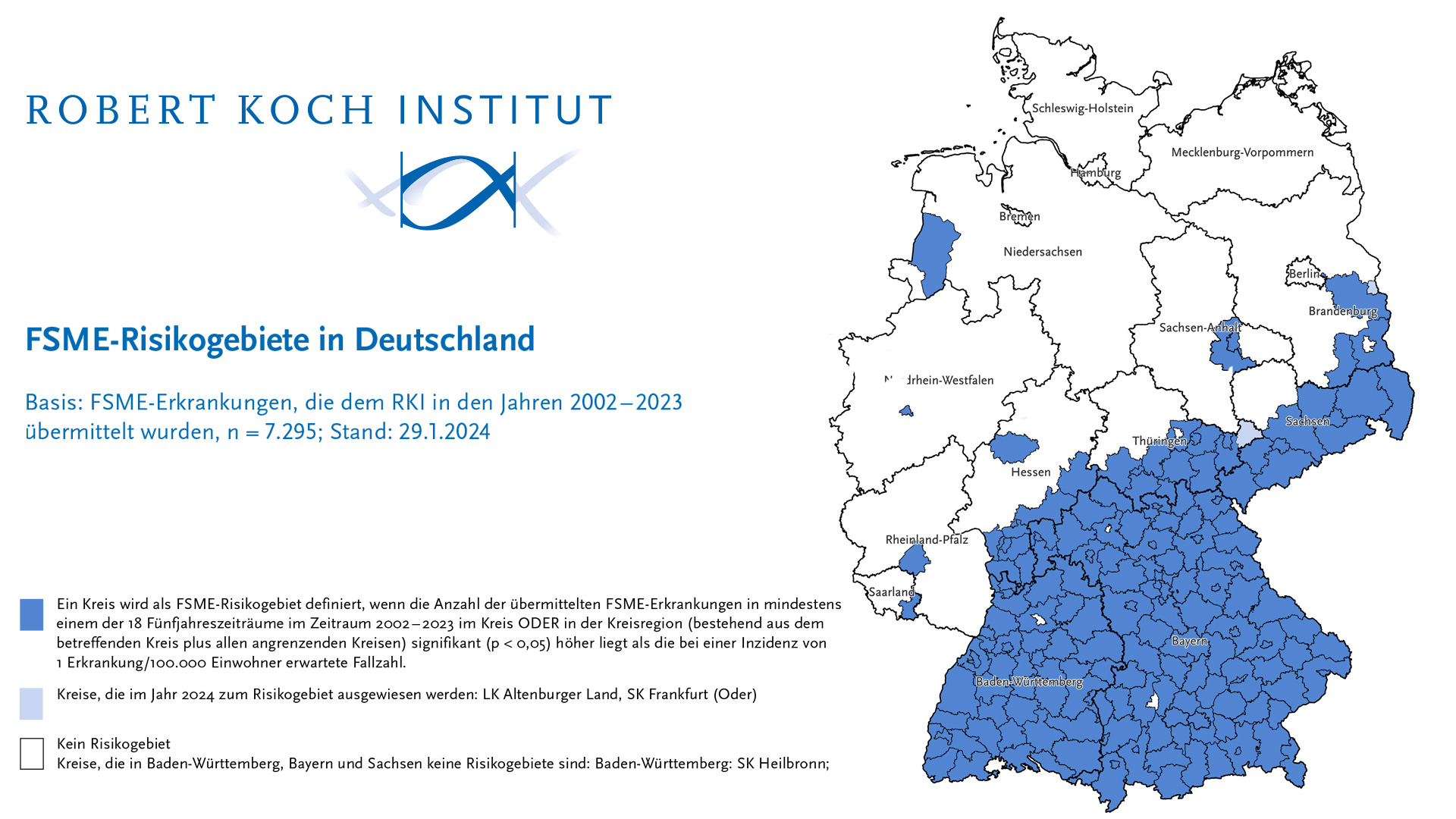 Map of the spread of TBE disease caused by ticks by district © Robert Koch Institute, 2024